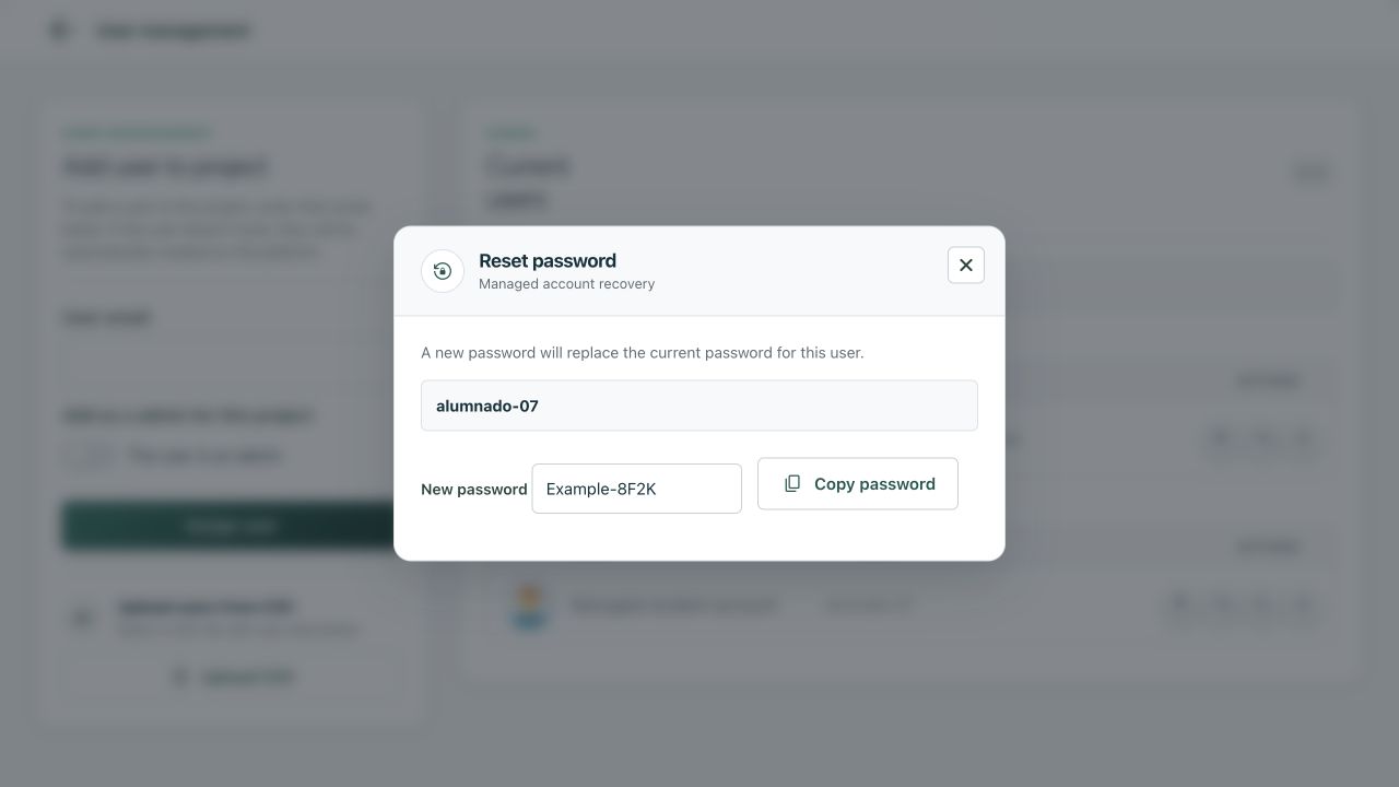 Password reset result with an example password