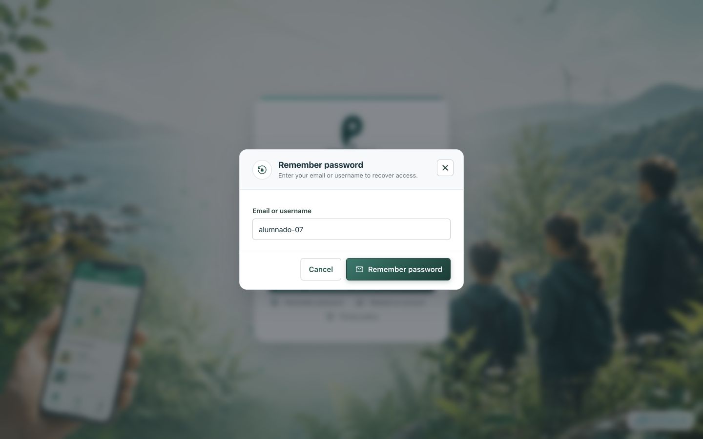 Recovery dialog with the managed account username