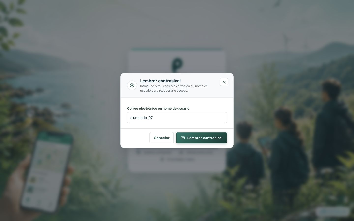 Diálogo para solicitar a recuperación introducindo o nome de usuario