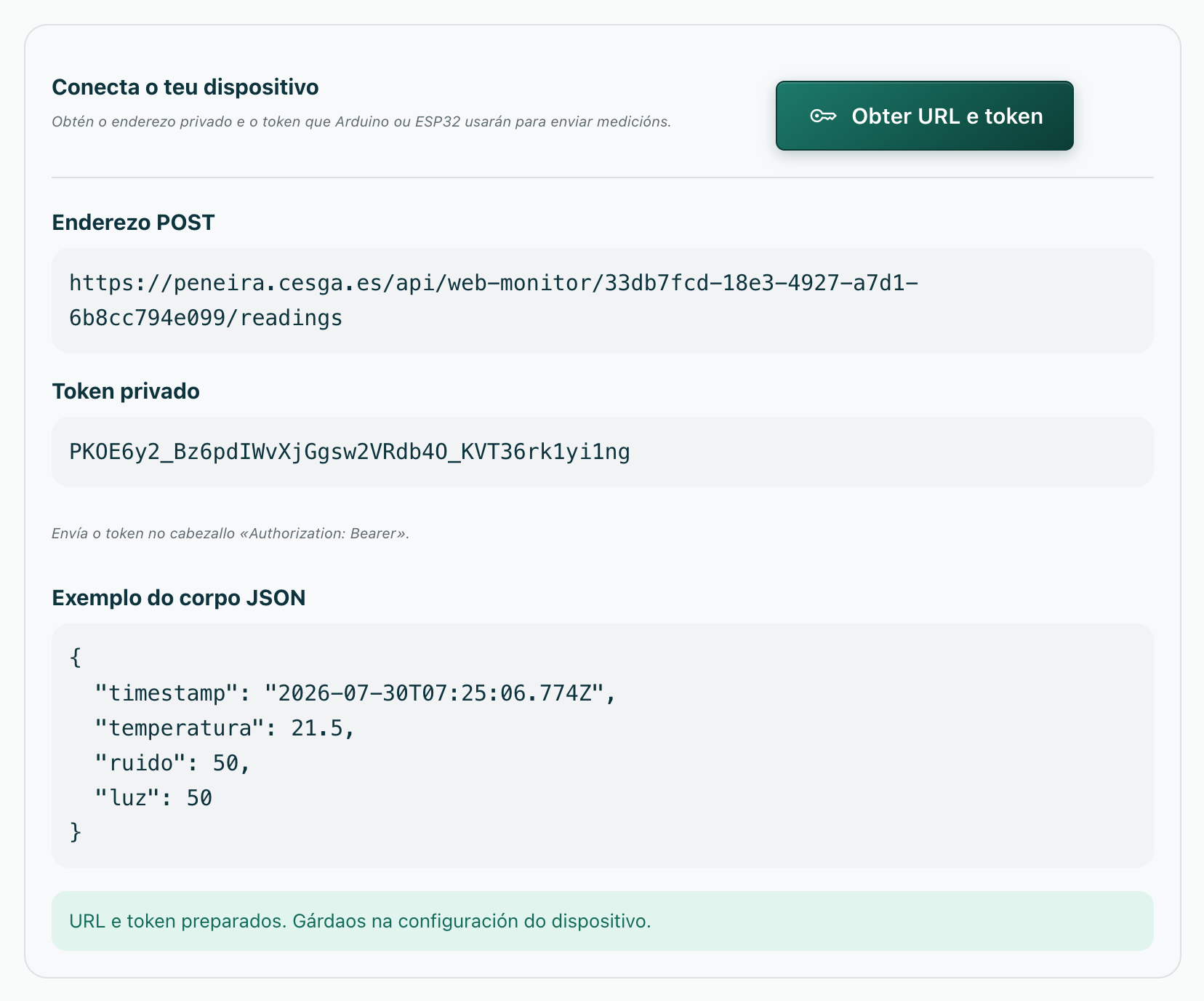 Enderezo POST, token privado e exemplo do corpo JSON tras premer Obter URL e token