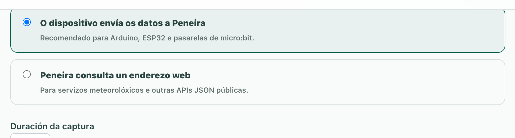 Selector do modo do monitor: o dispositivo envía os datos ou Peneira consulta un enderezo web
