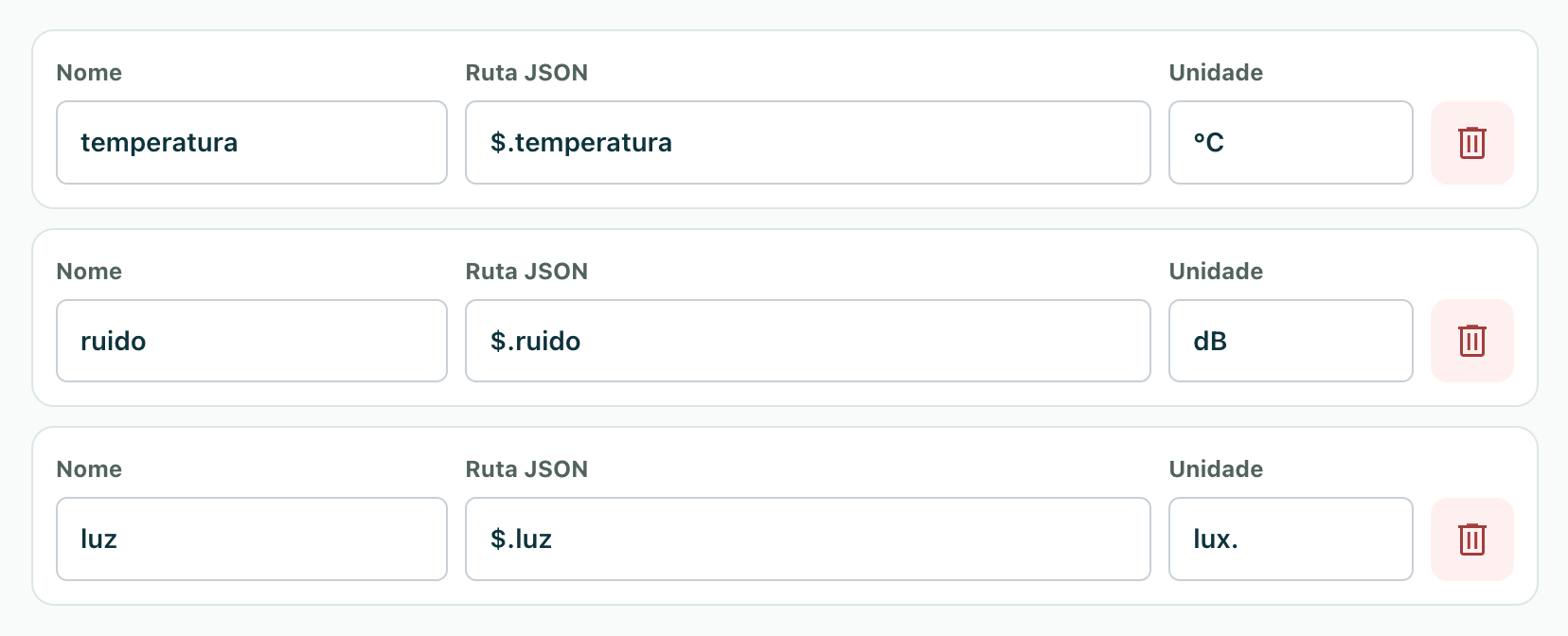 Tres valores configurados: temperatura, ruido e luz, coas súas rutas JSON e unidades