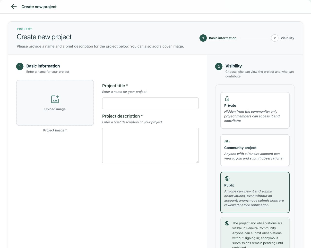 Visibility selector when creating a project