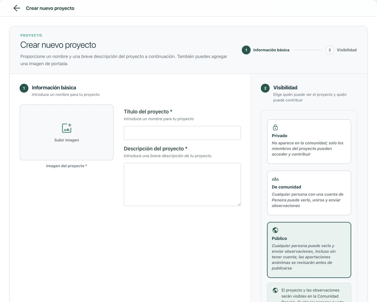 Selector de visibilidad al crear un proyecto