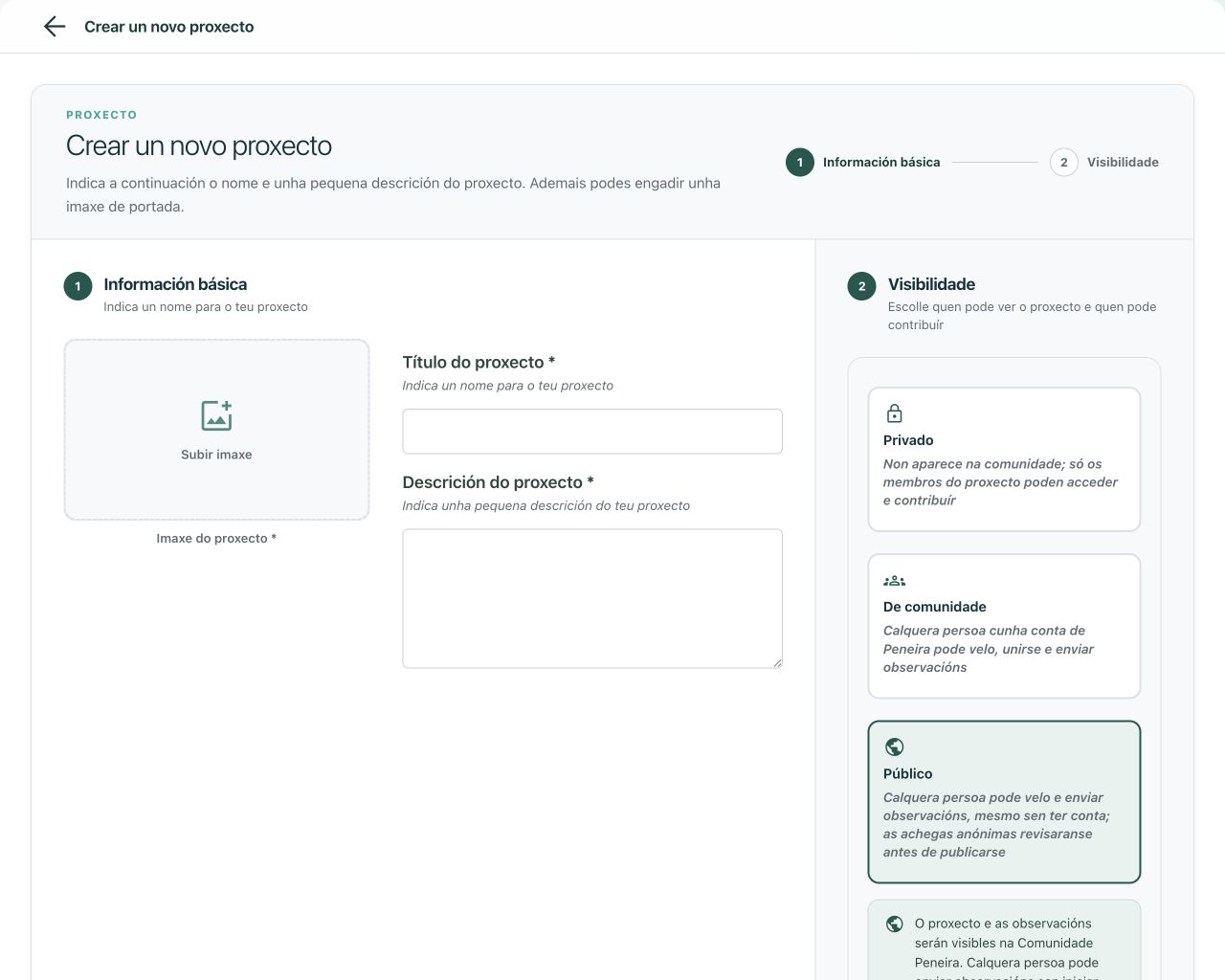 Selector de visibilidade ao crear un proxecto