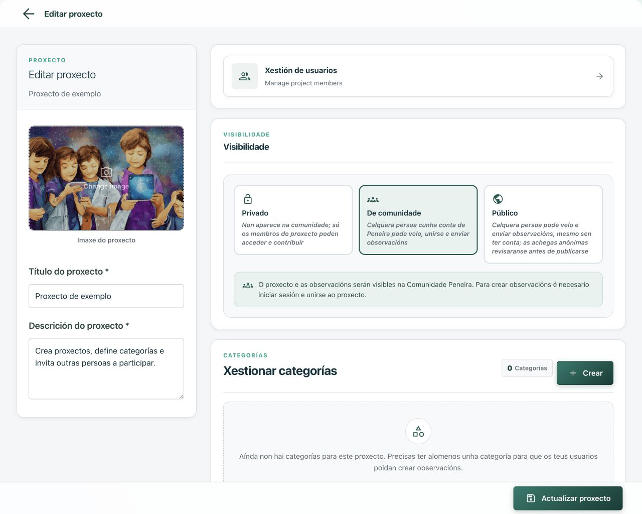 Cambio de visibilidade na edición dun proxecto